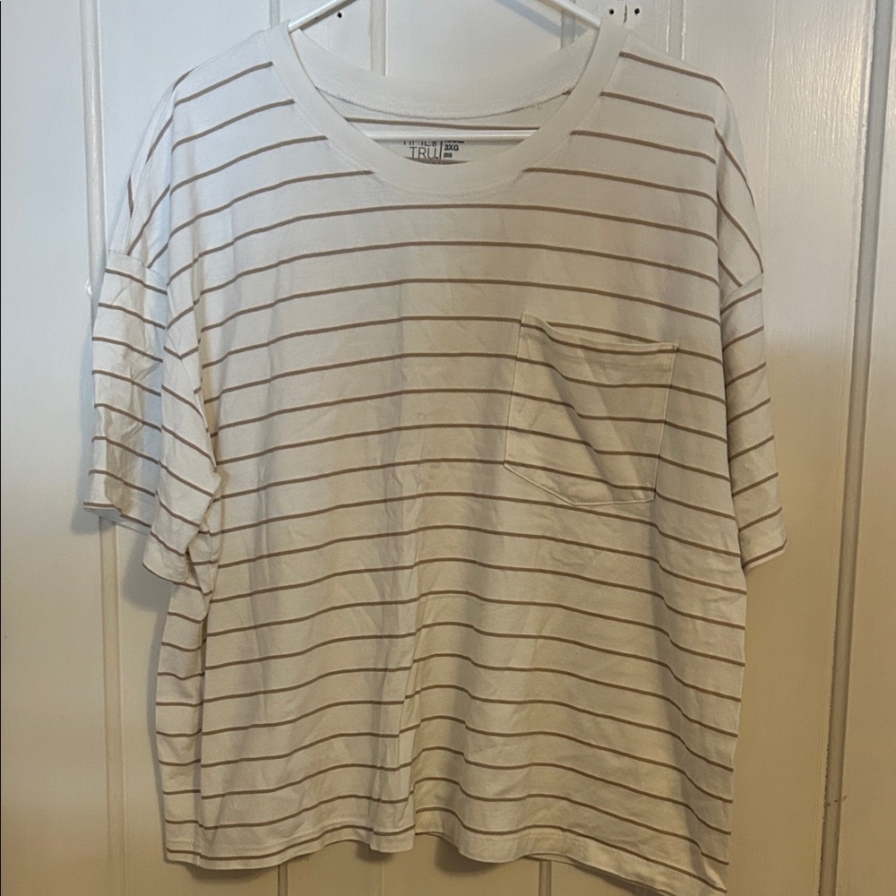 Time and Tru White Tee with Tan Stripes and Chest Pocket
